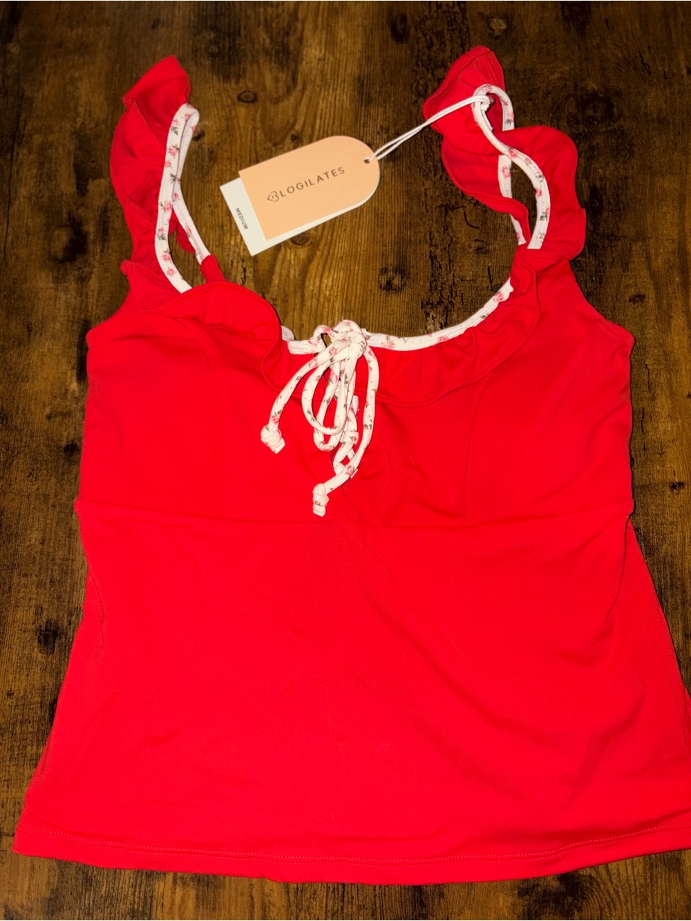 Blogilates l Bright Red Ruffle Strap Tank with floral accents